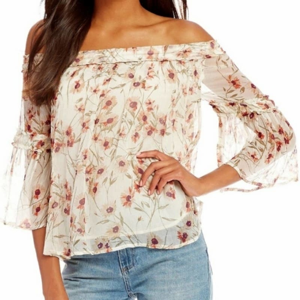 Lucky Brand Off Shoulder Daisy Print Chiffon Top S